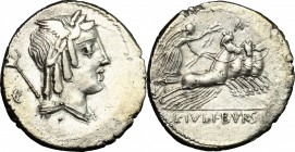 L. Iulius Bursio. AR Denarius, 85 BC. D/ Male head right with attributes of Apollo, Mercury and Neptune; behind, flower. R/ Victoria in quadriga right...