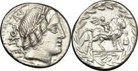 Mn. Fonteius C.f. AR Denarius, 85 BC. D/ Head of Apollo right, laureate; below, thunderbolt. R/ Cupid on goat right; before and behind, pileus; in exe...