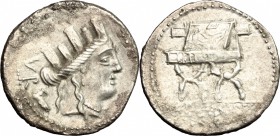 P. Furius Crassipes. AR Denarius, 84 BC. D/ Head of Cybele right, turreted; behind, foot. R/ Sella curulis. Cr. 356/1. AR. g. 3.72 mm. 21.00 VF.