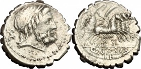 Q. Antonius Balbus. AR Denarius serratus, 83-82 BC. D/ Head of Jupiter right, laureate. R/ Victoria in quadriga right. Cr. 364/1. AR. g. 4.45 mm. 18.0...
