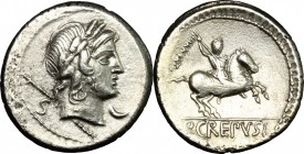 P. Crepusius. AR Denarius, 82 BC. D/ Head of a lightly bearded youth right, laureate. R/ Horseman right, brandishing spear. Cr. 361/1. AR. g. 3.52 mm....