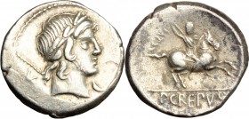 P. Crepusius. AR Denarius, 82 BC. D/ Head of a lightly bearded youth right, laureate. R/ Horseman right, brandishing spear. Cr. 361/1. AR. g. 4.02 mm....