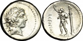 L. Marcius Censorinus. AR Denarius, 82 BC. D/ Head of Apollo right, laureate. R/ Marsyas standing left; holding wine-skin; behind, column with statue ...