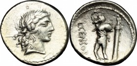 L. Marcius Censorinus. AR Denarius, 82 BC. D/ Head of Apollo right, laureate. R/ Marsyas standing left; holding wine-skin; behind, column with statue ...