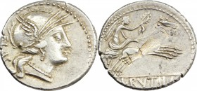 L. Rutilius Flaccus. AR Denarius, 77 BC. D/ Helmeted head of Roma right; behind, FLAC. R/ Victory in biga right, holding reins and wreath; in exergue,...