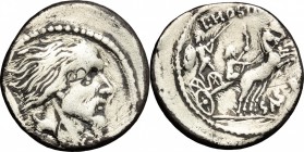 L. Hostilius Saserna. AR Denarius, 48 BC. D/ Bust of bearded male right; behind, Gallic shield. R/ Warrior in biga driven by charioteer right; looking...