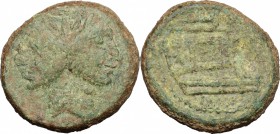 Sextus Pompeius Magnus Pius. AE As, c. 42-38 BC. Sicily. D/ MAGN ligate. Laureate Janiform head of Pompey the Great. R/ PIVS. Prow right; below, IMP. ...