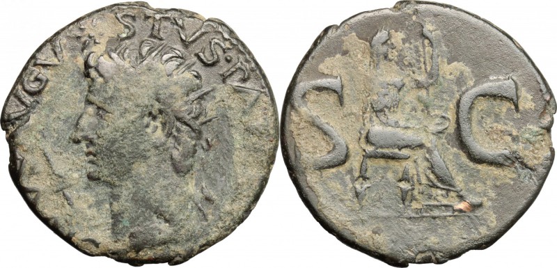 Tiberius (14-37). AE As, 15-16. D/ Head of Augustus left, radiate. R/ Female fig...