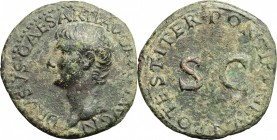 Tiberius (14-37). AE As, 22-23. D/ Head of Drusus left, bare. R/ Large SC surrounded by legend. RIC 45. AE. g. 10.49 mm. 27.00 Dark green patina. F.