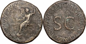 Tiberius (14-37). AE Sestertius, 22-23. D/ Divus Augustus seated left, holding laurel-branch and scepter; before, altar. R/ Large SC surrounded by leg...