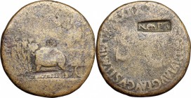 Tiberius (14-37). AE Sestertius, 36-37. D/ Augustus in quadriga of elephants left; holding branch and scepter. R/ Large SC surrounded by legend. RIC 6...