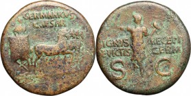 Gaius (Caligula) (37-41). AE Dupondius, 37-41. D/ Germanicus in triumphal quadriga right. R/ Germanicus standing left in military attire, right hand r...