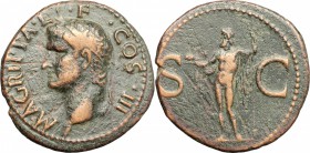 Gaius (Caligula) (37-41). AE As, 37-41. D/ Head of Agrippa left, wearing rostral crown. R/ Neptune standing left with chlamys hanging from shoulder; h...