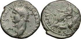 Claudius (41-54). AE Sestertius, 41-50. D/ Head of Nero Claudius Drusus left, bare-headed. R/ Claudius seated left on curule chair; holding branch and...