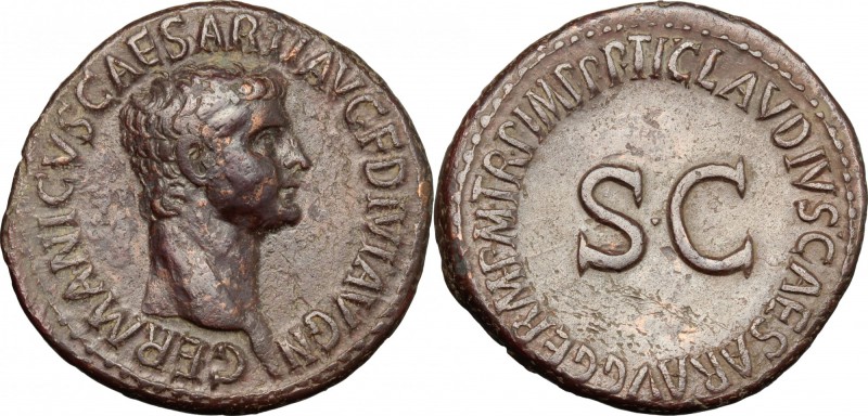 Claudius (41-54). AE As, 50-54. D/ Head of Germanicus right, bare. R/ Large SC s...