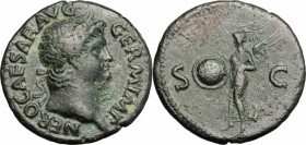 Nero (54-68). AE As, 62-68. D/ Head of Nero right, laureate. R/ Victoria advancing left; holding round shield. RIC 312. AE. g. 10.21 mm. 26.00 Dark gr...