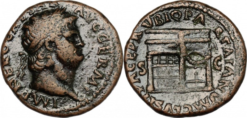 Nero (54-68). AE As, 62-68. D/ Head of Nero right, laureate. R/ Temple of Janus,...