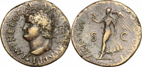 Nero (54-68). AE Dupondius, Lugdunum mint, 62-68. D/ Head of Nero right, laureate. R/ Victoria advancing left, holding wreath and palm. RIC 523. AE. g...
