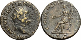 Vespasian (69-79). AE Dupondius, 71 AD. D/ Head of Vespasian right, radiate. R/ Concordia seated left; holding patera and cornucopiae. RIC 267. AE. g....