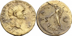 Vespasian (69-79). AE Dupondius, 71 AD. D/ Head of Vespasian right, radiate. R/ Pax standing left setting fire to arms and holding cornucopiae. RIC 27...