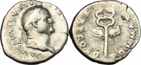 Vespasian (69-79). AR Denarius, Ephesus mint, 76 AD. D/ Head of Vespasian right, laureate. R/ Winged caduceus. RIC 1476. AR. g. 2.85 mm. 20.00 Good F.