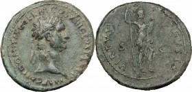Domitian (81-96). AE As, 87 AD. D/ Head of Domitian right, laureate. R/ Virtus standing left, foot resting on helmet, holding spear and parazonium. RI...