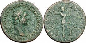 Domitian (81-96). AE As, 87 AD. D/ Head of Domitian right, laureate. R/ Virtus standing right; holding spear and parazonium and resting left foot on h...