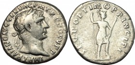 Trajan (98-117). AR Denarius, 103-111. D/ Head of Trajan right, laureate. R/ Virtus standing right, left foot resting on helmet, holding spear and par...