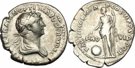 Trajan (98-117.). AR Denarius, 114-117. D/ Bust of Trajan right, laureate, draped. R/ Providentia standing left, pointing on globe set on ground, hold...
