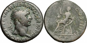 Trajan (98-117). AE Dupondius, 101-102. D/ Head of Trajan right, radiate. R/ Abundantia seated left on chair with crossed cornucopiae; holding scepter...