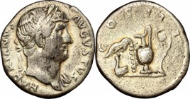 Hadrian (117-138). AR Denarius, 125-128. D/ Bust of Hadrian right, laureate, draped on left shoulder. R/ Simpulum, sprinkler, jug and lituus. RIC 198d...