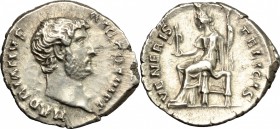 Hadrian (117-138). AR Denarius, 134-138. D/ Head of Hadrian right, bare. R/ Venus standing left; holding Cupid and scepter. RIC 280a. AR. g. 2.92 mm. ...
