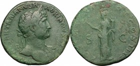 Hadrian (117-138). AE Sestertius, 119-122. D/ Bust of Hadrian right, laureate, draped on left shoulder. R/ Felicitas standing left; holding caduceus a...