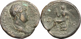 Hadrian (117-138). AE As, 134-138. D/ Bust of Hadrian right, laureate, draped. R/ Dacia seated left on rock holding standard and curved sword. RIC 850...
