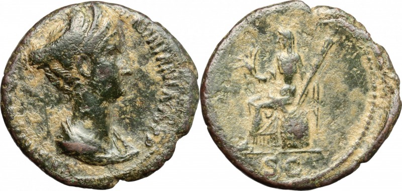 Sabina, wife of Hadrian (died 137 AD). AE As, 128-136. D/ Bust of Sabina right, ...