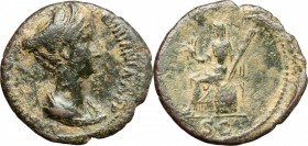 Sabina, wife of Hadrian (died 137 AD). AE As, 128-136. D/ Bust of Sabina right, draped, wearing triple tiara. R/ Ceres seated left on modius; holding ...