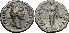 Antoninus Pius (138-161). AE As, 139 AD. D/ Head of Antoninus Pius right, laureate. R/ Moneta standing left; holding scales and cornucopiae. RIC 561. ...
