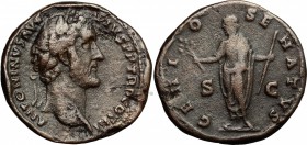 Antoninus Pius (138-161). AE As, 140-144. D/ Head of Antoninus Pius right, laureate. R/ Genius of Senate standing left, togate; holding branch and sce...