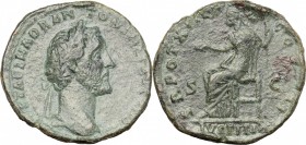 Antoninus Pius (138-161). AE As, 150-151. D/ Head of Antoninus Pius right, laureate. R/ Justitia seated left; holding patera and scepter. RIC 881. AE....