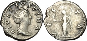 Faustina I (died 141 AD). AR Denarius, 141 AD. D/ Bust of Faustina Maior right, draped. R/ Vesta standing left, holding palladium and scepter. RIC (An...