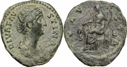 Faustina I (died 141 AD). AE Dupondius, 171 AD. D/ Bust of Faustina Maior right, draped. R/ Ceres seated left; holding corn-ears and scepter. RIC (Ant...