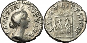 Faustina II (died 176 AD). AR Denarius, 161-176. D/ Bust of Faustina Minor right, diademed, draped. R/ Pulvinar draped, on which are the infants Commo...