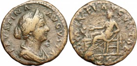 Faustina II (died 176 AD). AE As, 161-176. D/ Bust of Faustina Minor right, diademed, draped. R/ Salus seated left; feeding from patera snake coiled a...