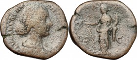 Lucilla, wife of Lucius Verus (died 183 AD). AE Sestertius, 164-169. D/ Bust of Lucilla right, draped. R/ Hilaritas standing left; holding long palm a...