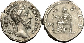 Marcus Aurelius (161-180). AR Denarius, 176-180. D/ Head of Marcus Aurelius right, laureate. R/ Salus seated left, holding branch; before, snake. RIC ...