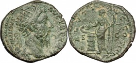 Marcus Aurelius (161-180). AE Dupondius, 168-169. D/ Head of Marcus Aurelius right, radiate. R/ Salus standing left; holding scepter and feeding from ...