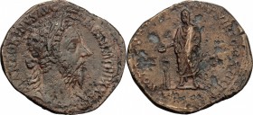 Marcus Aurelius (161-180). AE Sestertius, 177 AD. D/ Bust of Marcus Aurelius right, laureate, draped. R/ Emperor standing left, veiled; sacrificing fr...