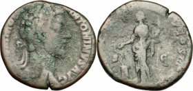 Commodus (177-193). AE Sestertius, 182 or 183 AD. D/ Head of Commodus right, laureate. R/ Salus standing left; feeding from patera snake coiled around...