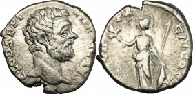 Clodius Albinus (193-197). AR Denarius, 194-195. D/ Head of Clodius Albinus right, bare. R/ Minerva standing left, holding olive-branch, shield set on...