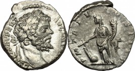 Septimius Severus (193-211). AR Denarius, 197 AD. D/ Head of Septimius Severus right, laureate. R/ Fortuna standing left, holding rudder set on globe ...